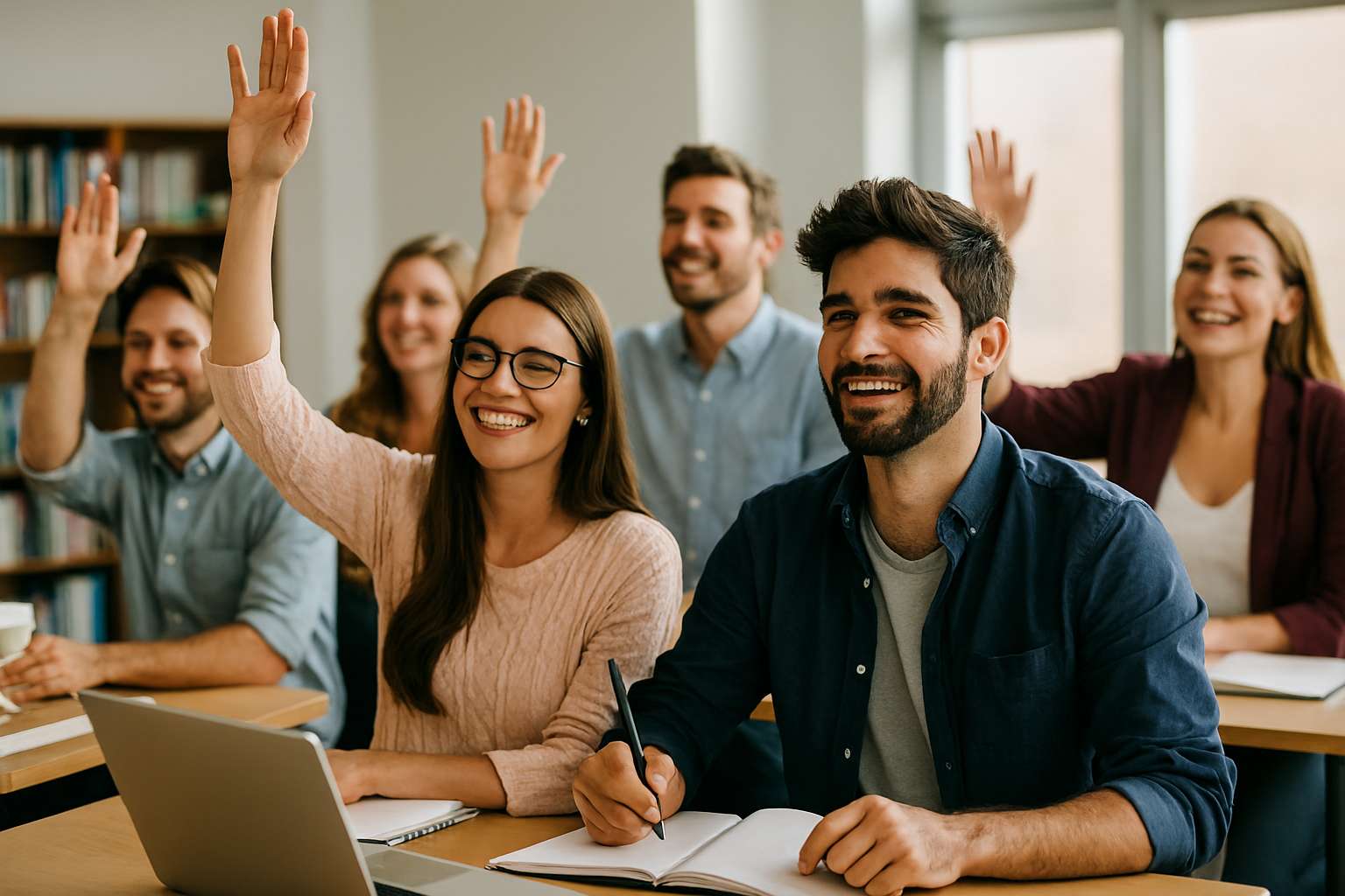 Jóvenes levantando la mano y participando en clase